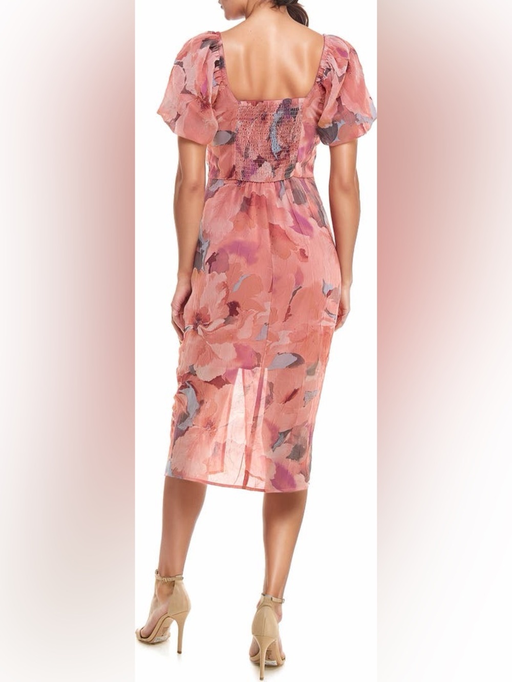 Socialite Pink Floral Ruched Puff Sleeve Midi Dress Size XS - Picture 2 of 8